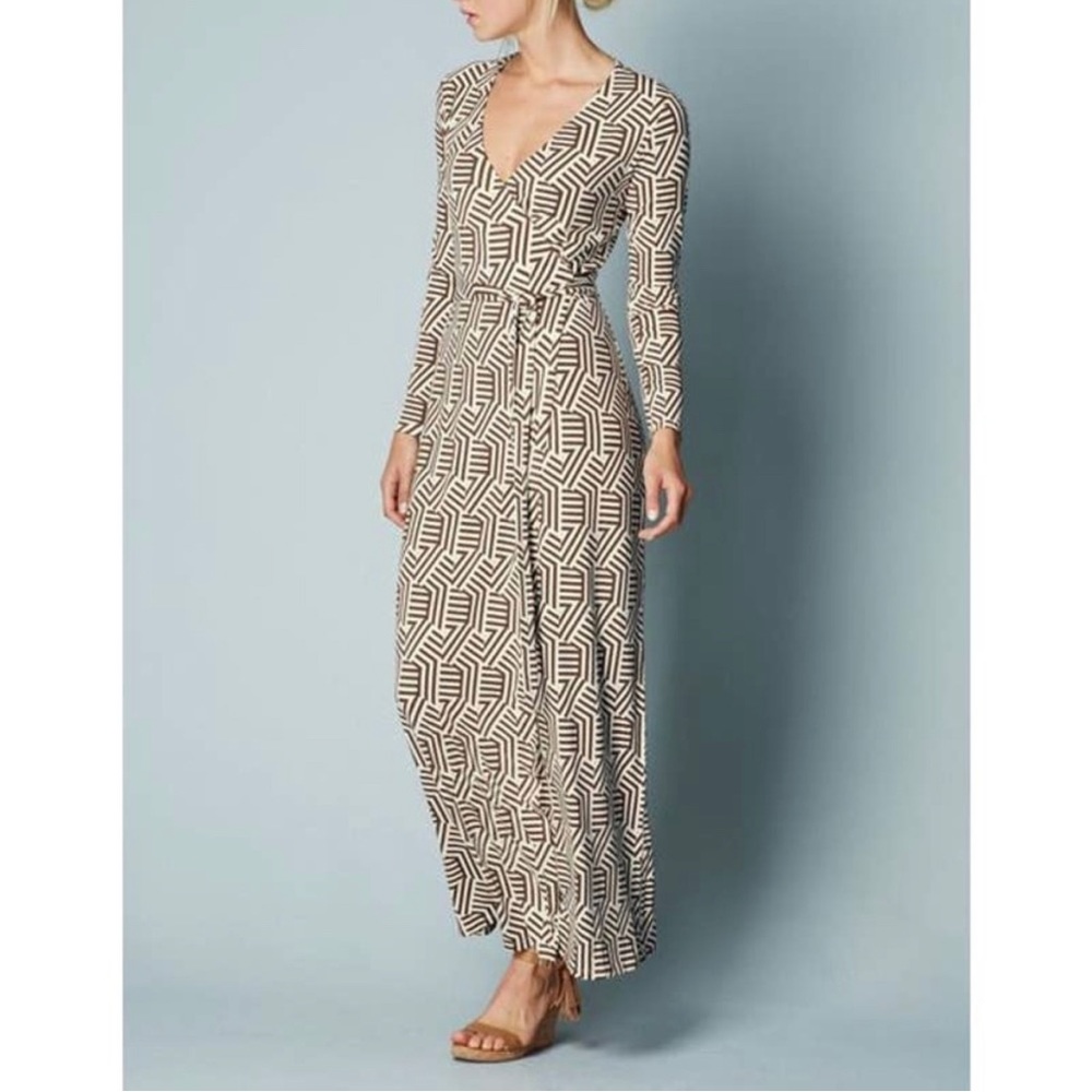 Boden Wrap Maxi Dress Geometric Pattern Brown Cream Tan Long Sleeve Women's 6